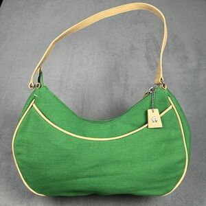 Etienne Aigner Green Canvas Shoulder Bag Tan Leather Trim Vintage Y2K Hobo Purse